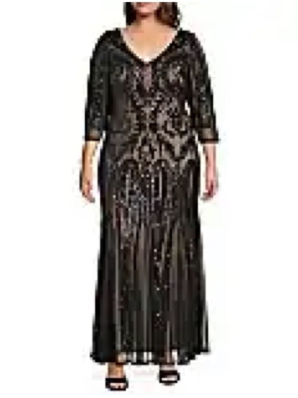 R & M Richards Embroidered Sequin Power Mesh V- Neck 3/4 Sleeve Godet Skirt Gown